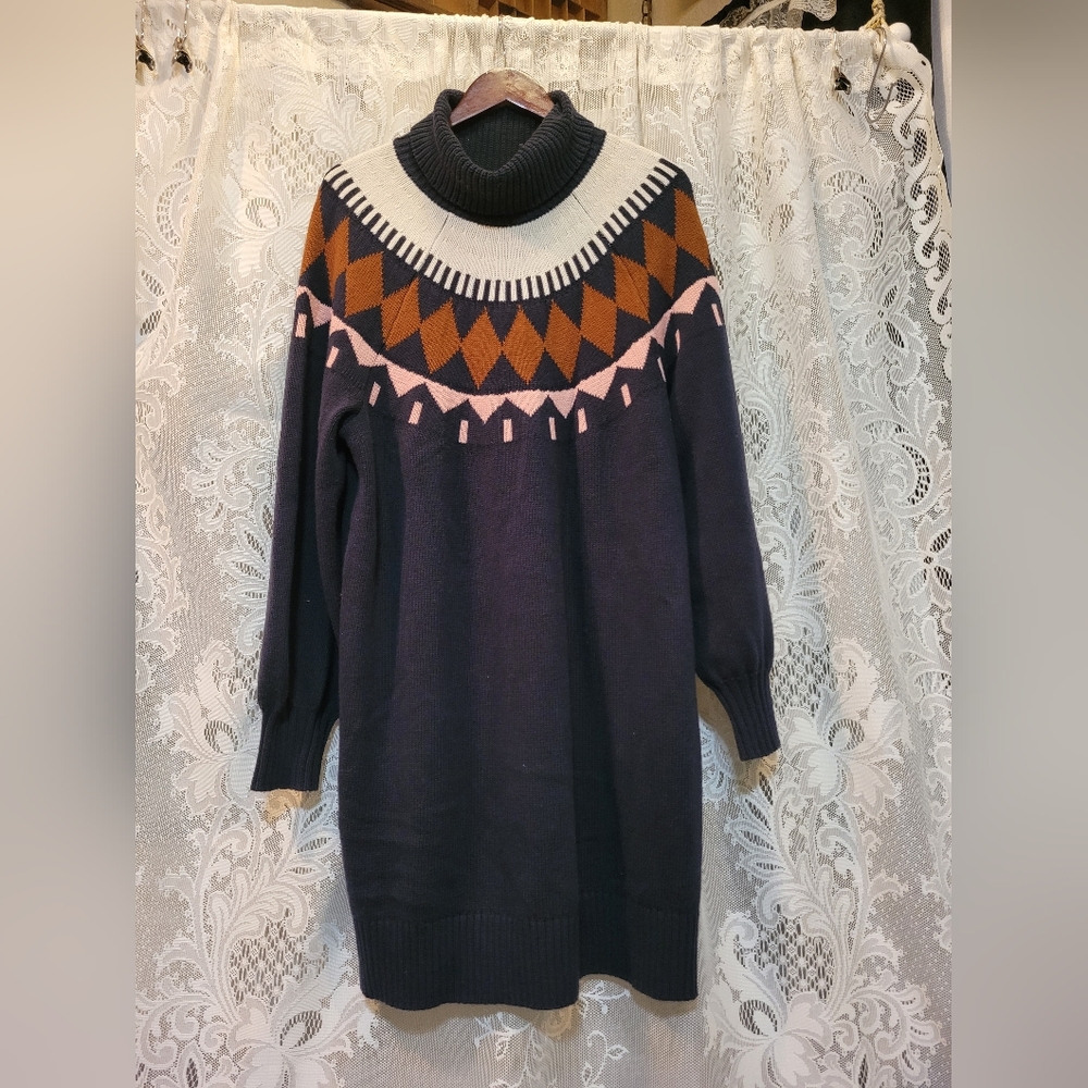 Free Assemly Sz XXL Dark Blue Turtleneck Aztec Design Oversized Sweater